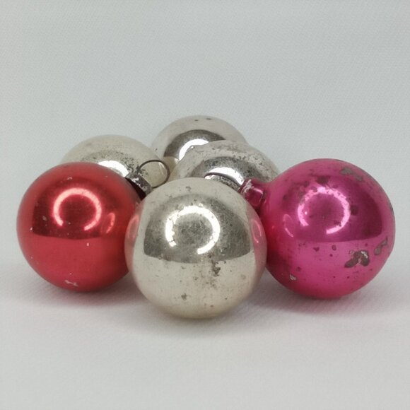 MCM Christmas Ornament Set Of 6 Feather Tree Pink Silver Glass Shiny Brite 1950s - Picture 3 of 6